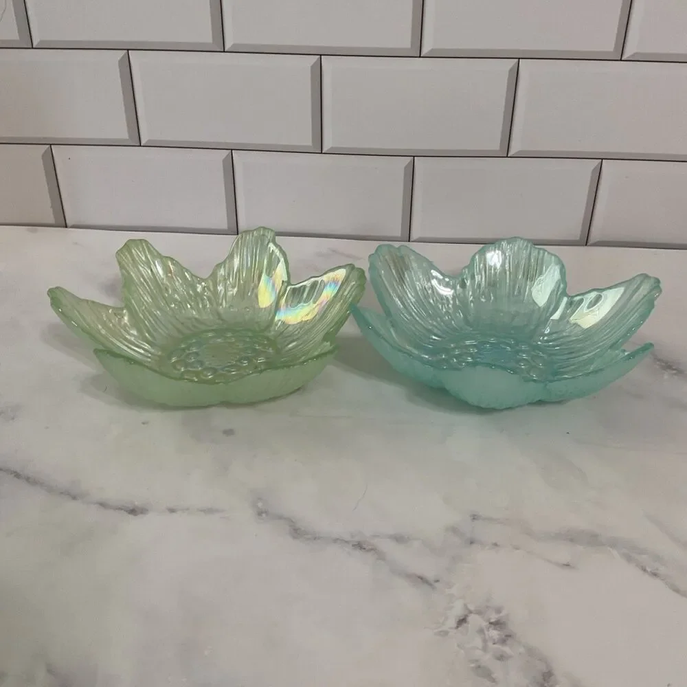 Akcam Iridescent Frosted Flower Shape Art Glass Bowl Handmade In Turkey Set of 2